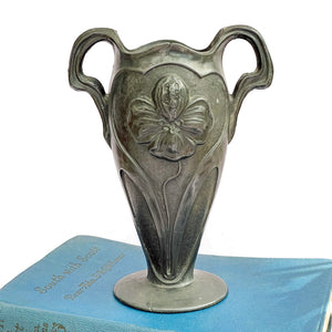 Antique Art Nouveau Pewter Vase with Orchid Motif