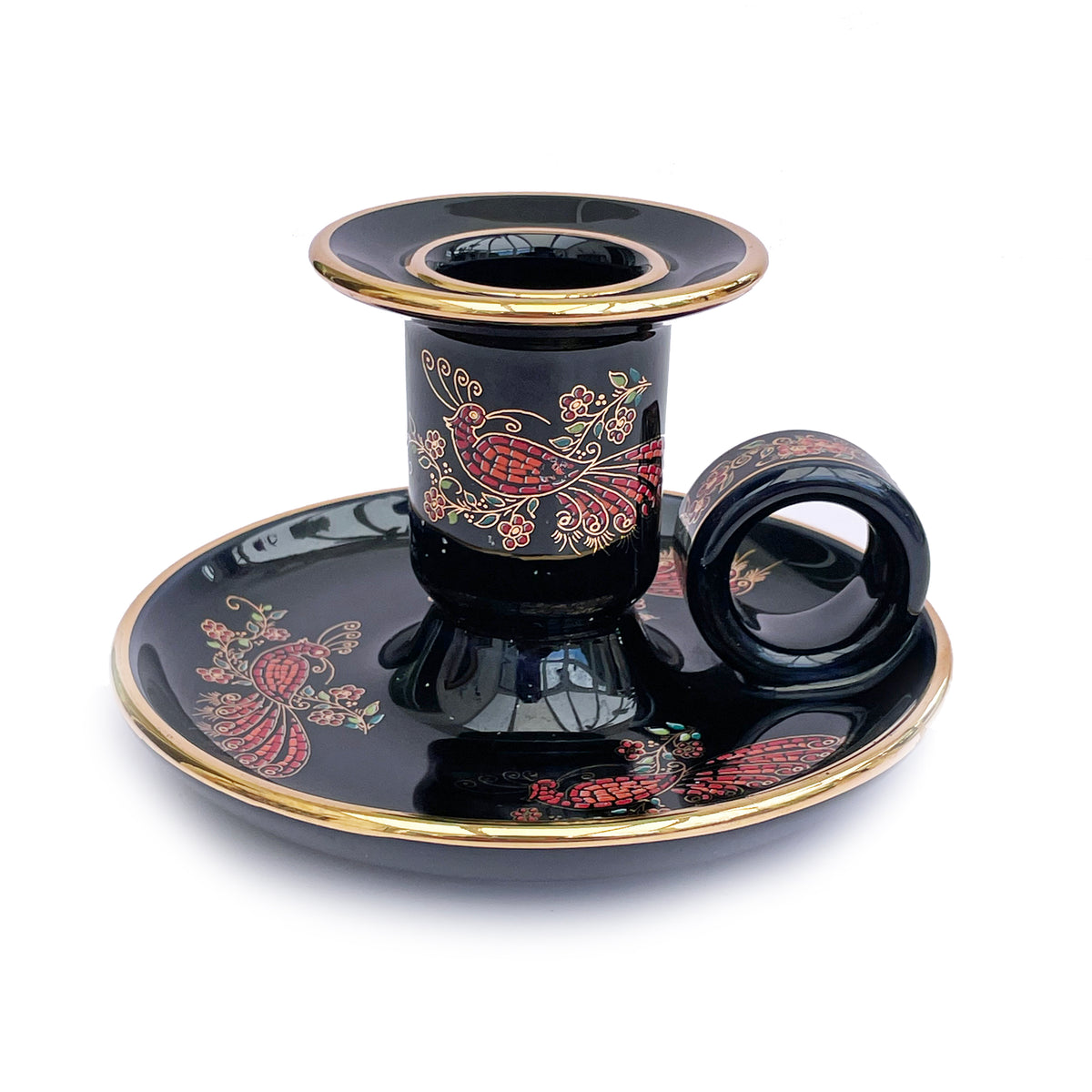 Ceramic Peacock Chamberstick with 24k Gold Trim