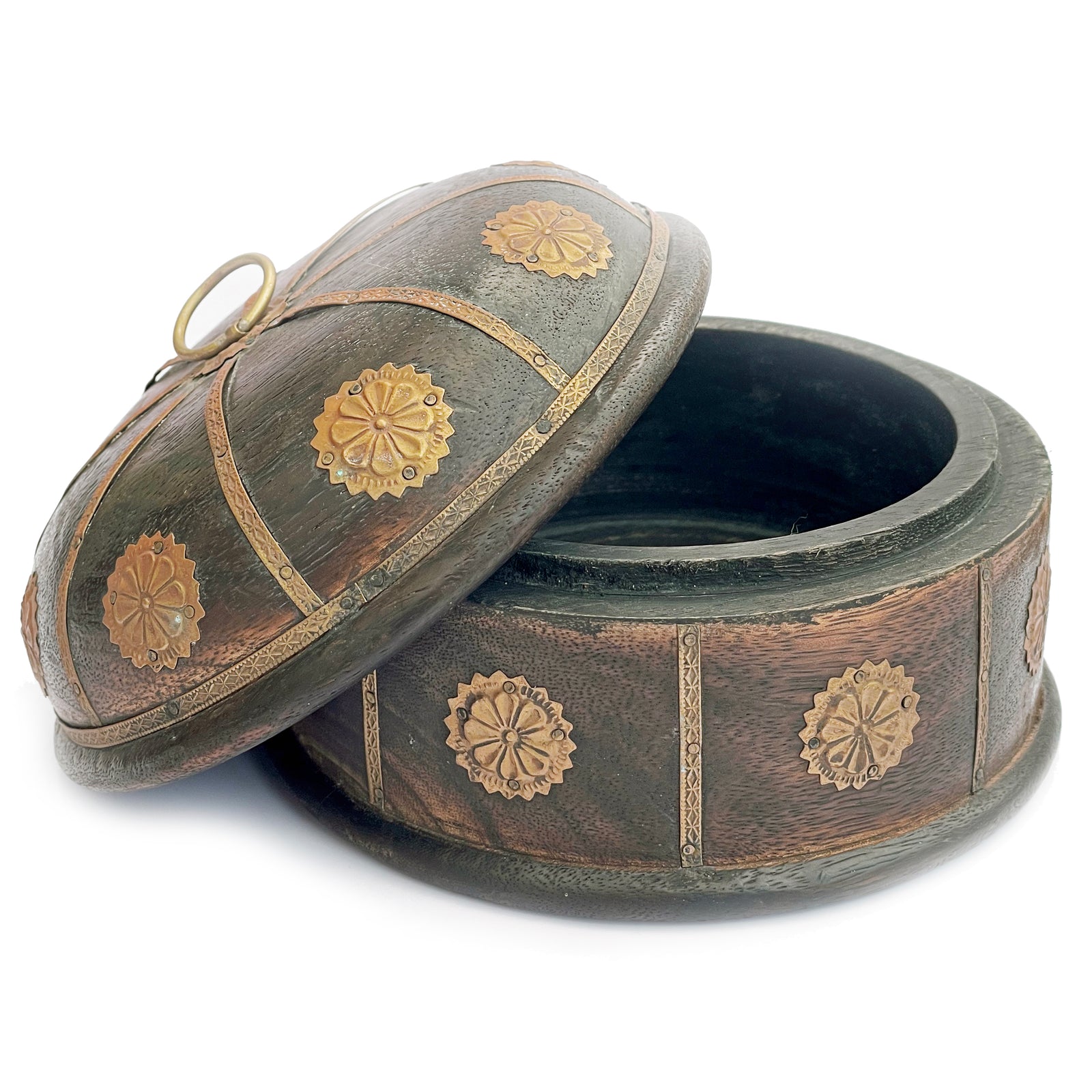 Round Wood and Brass Trinket Box