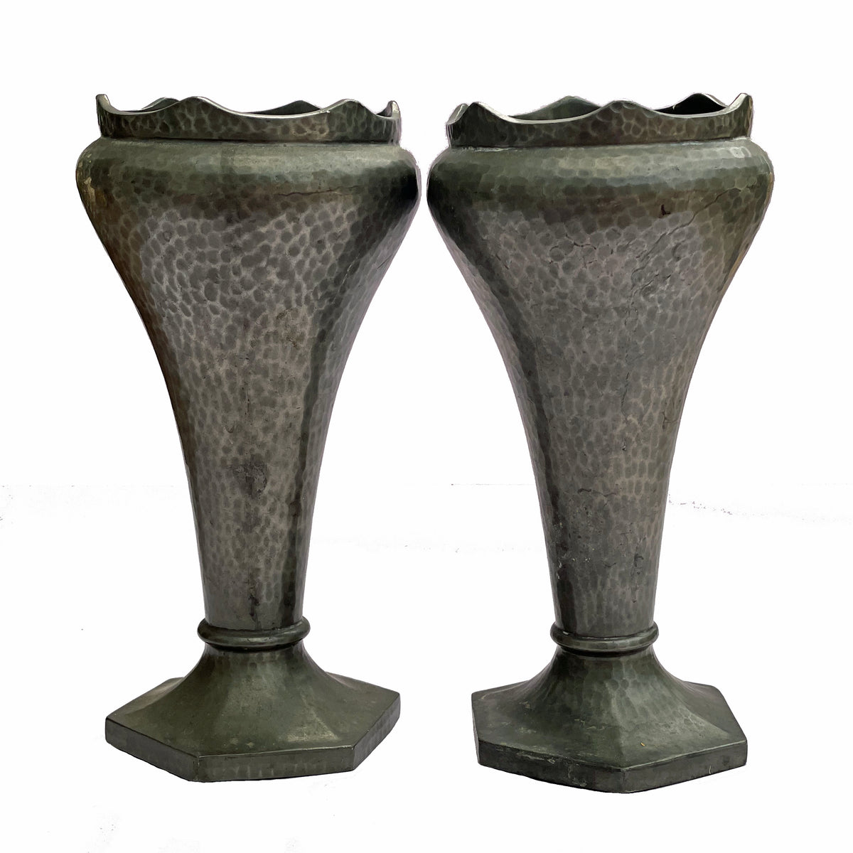 Hammered Pewter Vases Pair