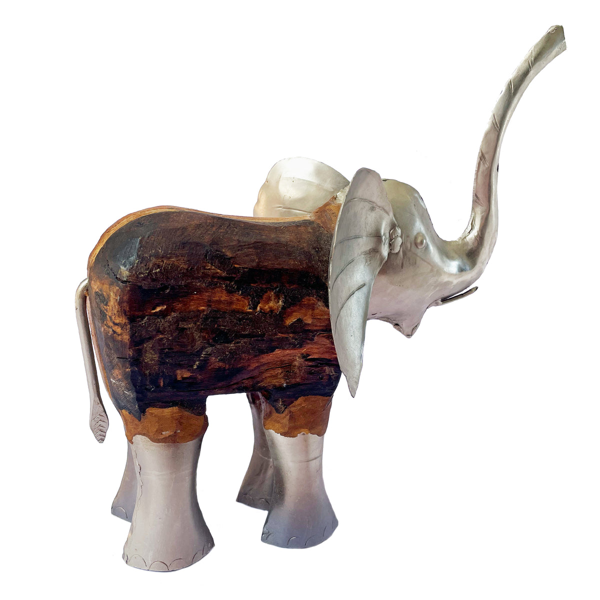 Teak & Metal Elephant Sculpture
