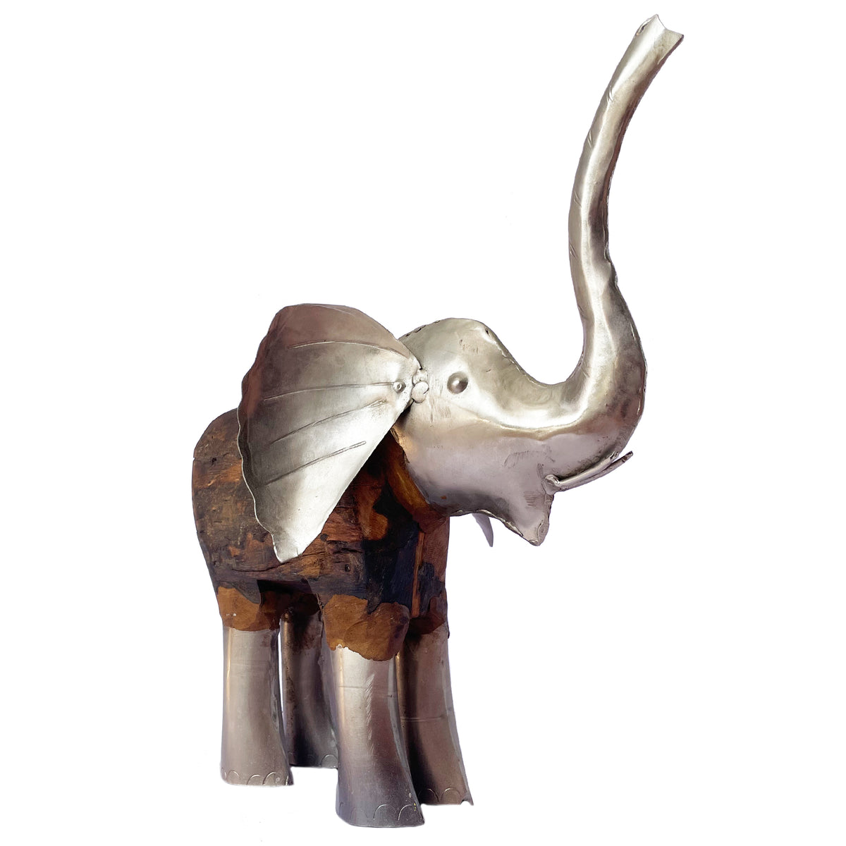 Teak & Metal Elephant Sculpture