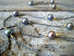 Long Layering Necklace in Black Pearl