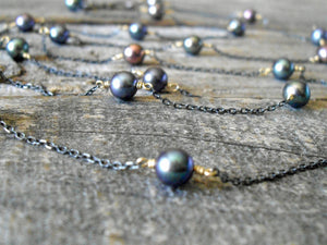 Long Layering Necklace in Black Pearl